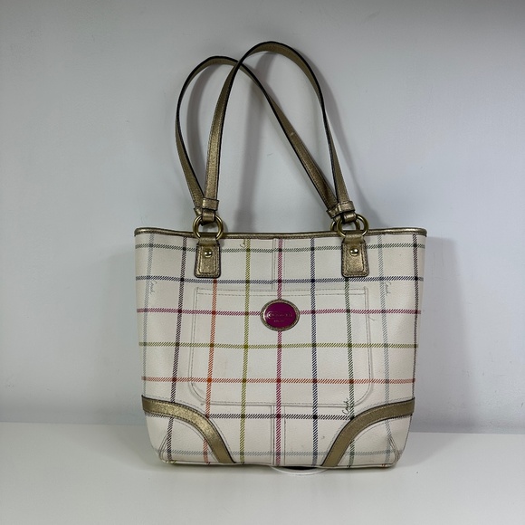 Coach Tattersall Plaid Peyton Shoulder Bag Gold Leather Trim F20093 - Picture 1 of 14